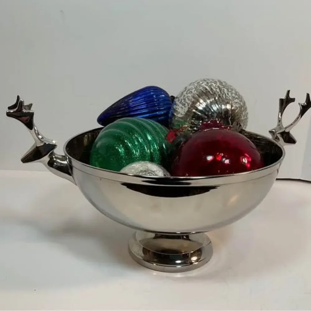 Crate & Barrel Reindeer Bowl 9” Silver Tone Fruit Cabin Christmas Holiday Lodge
